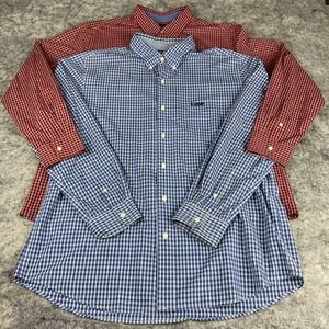 2 Chaps Button Up Shirt Men XL Blue Red Plaid Easy Care Cotton Blend Long Sleeve